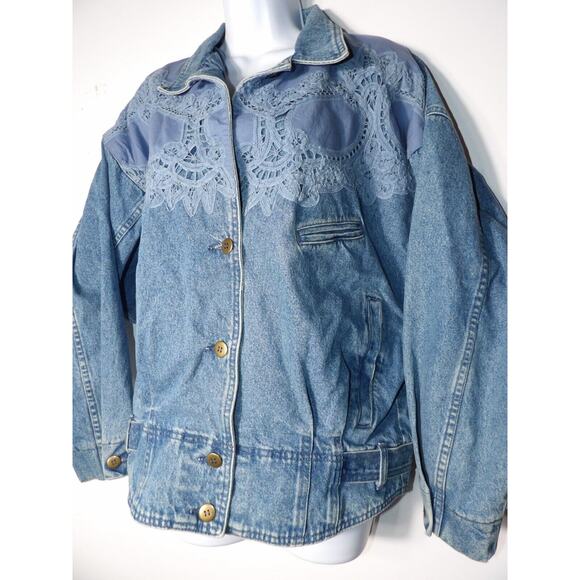 Vtg 90s Together Jean Jacket Sz Large Denim Eyelet Crochet Buttons READ - Picture 5 of 16